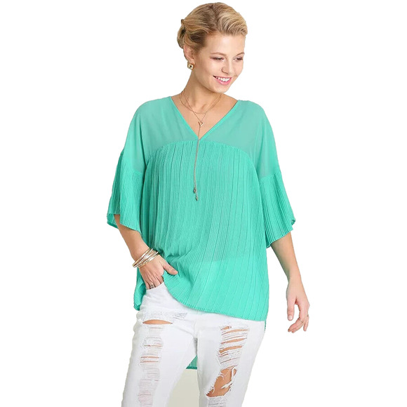 Umgee Top Size M Mint Green Pleated Whimsy Bell Sleeve Relaxed Tunic Women Shirt - Picture 4 of 4
